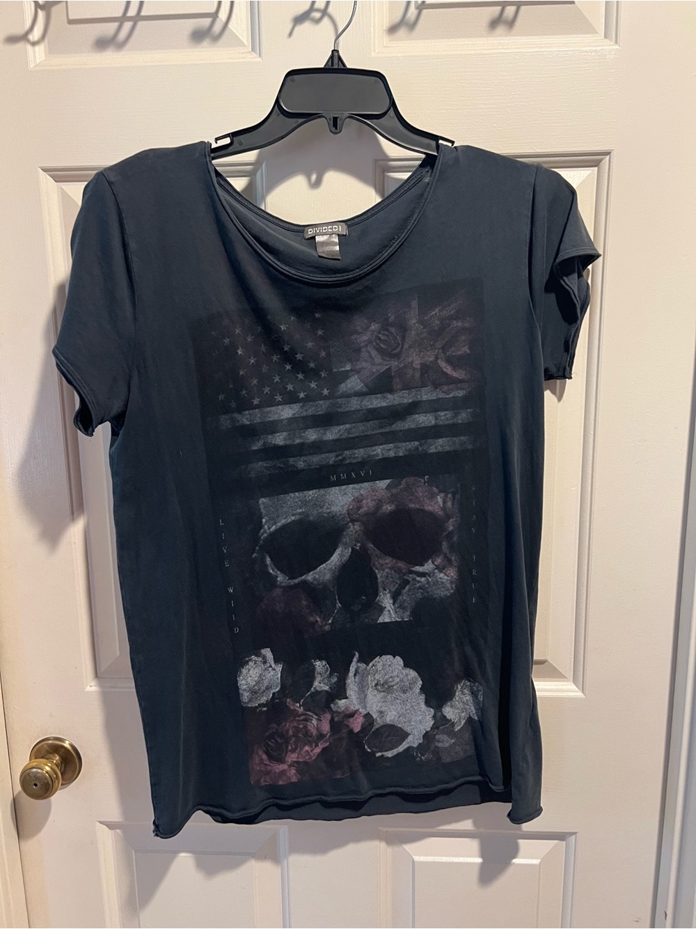 Divided Black Graphic Tee with Skull and Roses